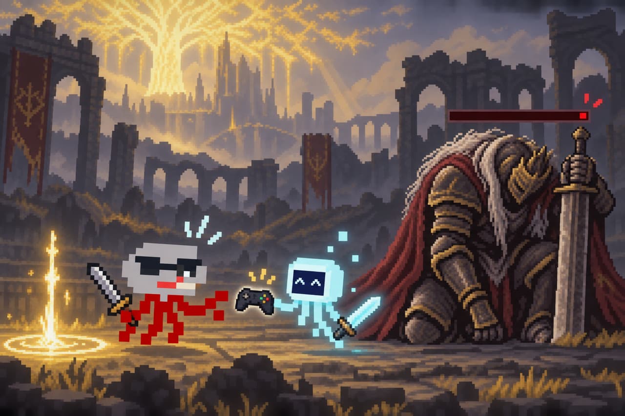 Yue Fu’s jellyfish holding a controller beside an AI companion and a defeated boss.