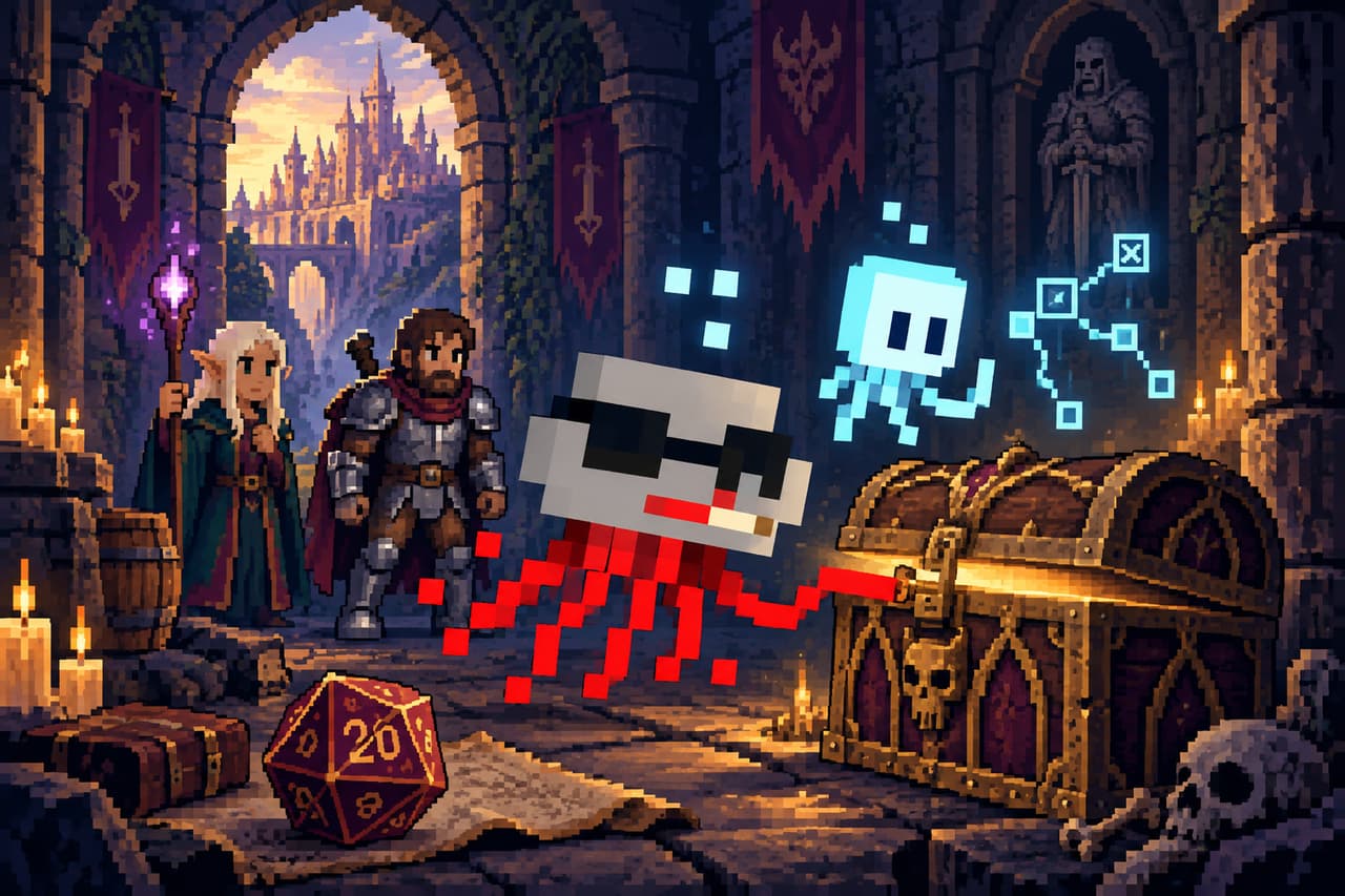 Yue Fu’s jellyfish and an AI companion exploring a treasure chest with their adventuring party.