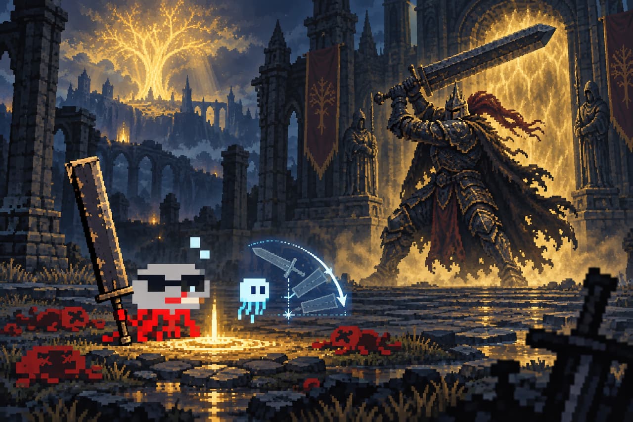 Yue Fu’s jellyfish and an AI companion facing a towering boss in a fantasy game.