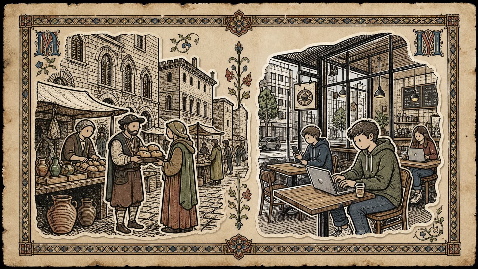 A woodcut-style split scene comparing medieval townspeople at a market with modern product users in a cafe