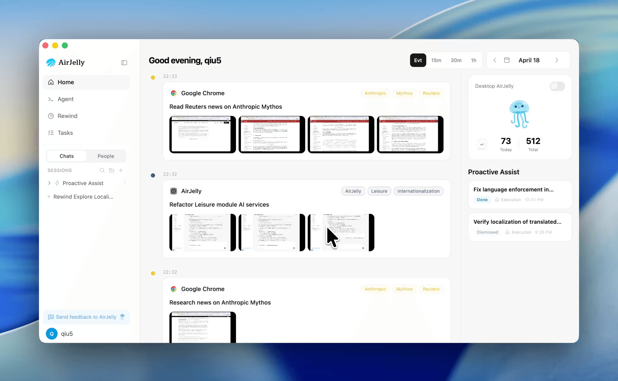 AirJelly Capture view showing a chronological desktop activity timeline with screenshots and proactive assistance