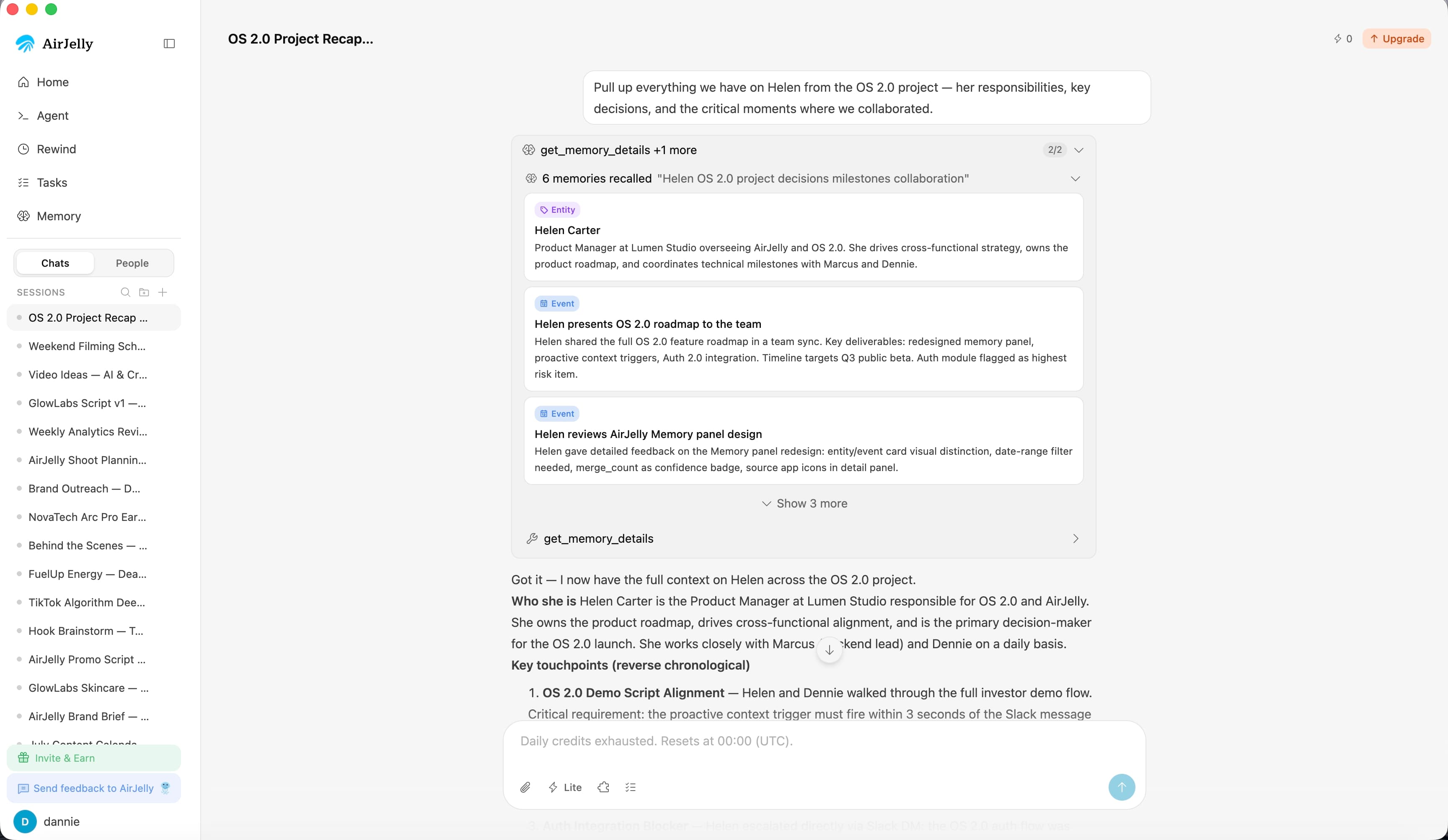 AirJelly Recall view retrieving project memories and bringing relevant people, decisions, milestones, and collaboration context into the current chat
