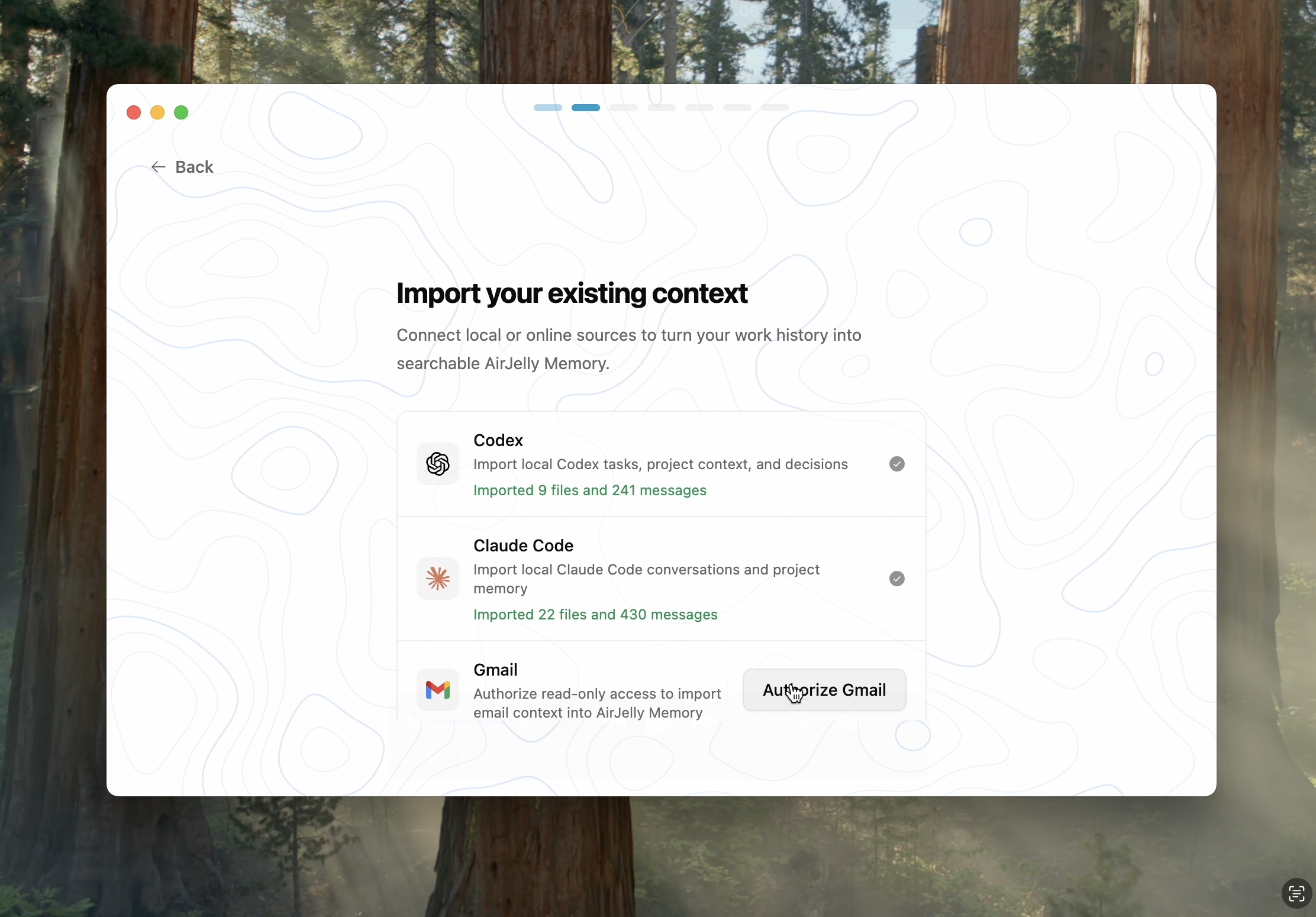 Optional setup: import existing context from Codex, Claude Code, and Gmail.